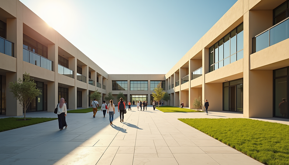 School building with students in the Middle East