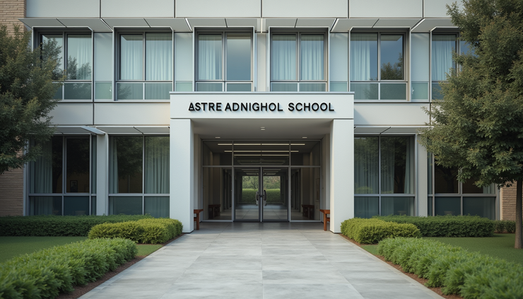 Eye-level view of a modern school building entrance with a clear sign of the institution