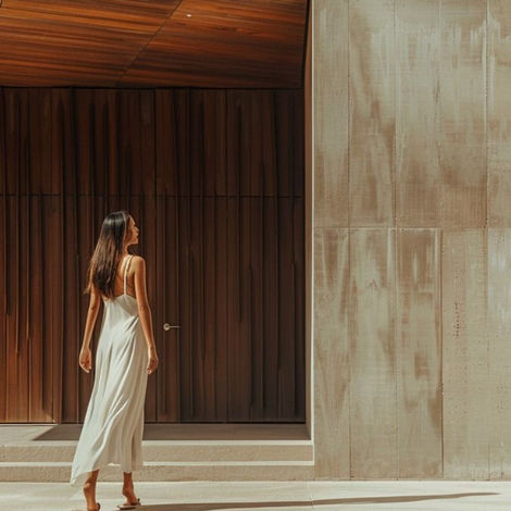 Woman approaching a timber villa entrance with keyless smart access control and discreet perimeter security