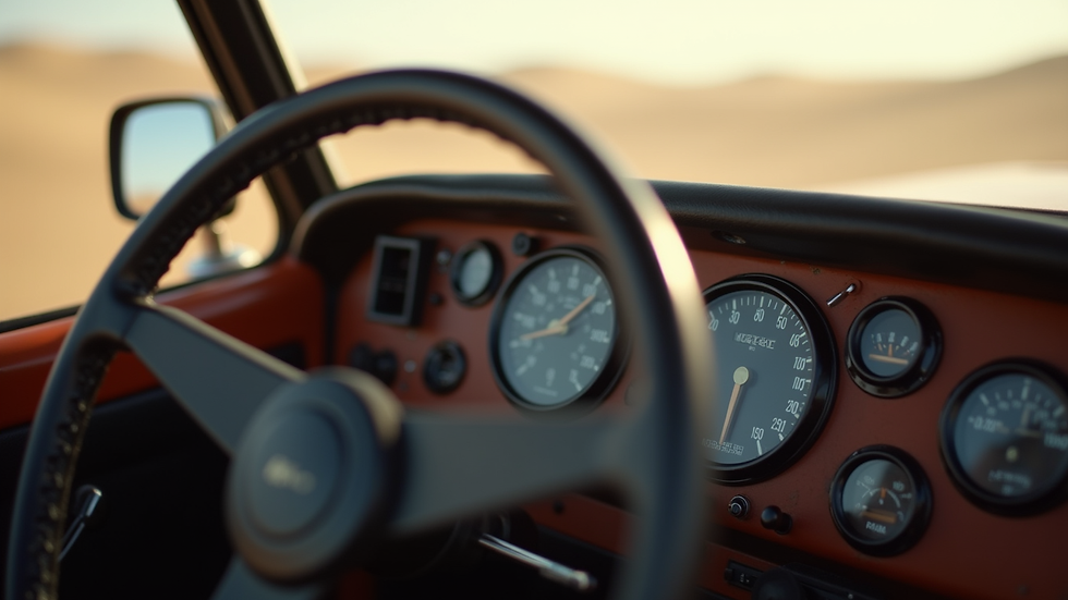 Close-up view of a dune buggy dashboard with speedometer and steering wheel