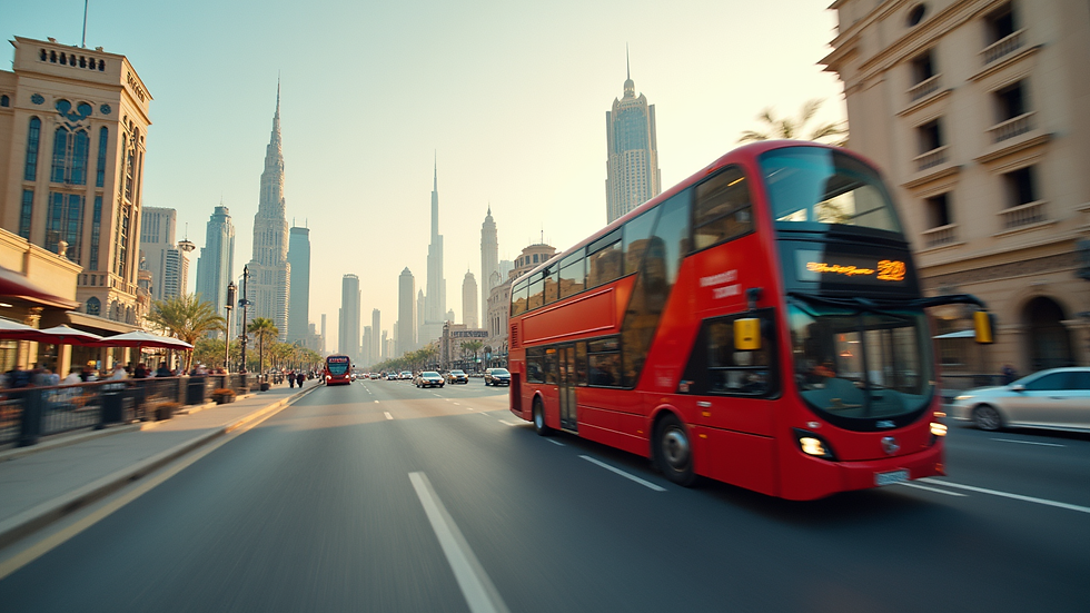 High angle view of a double-decker bus passing Dubai landmarks