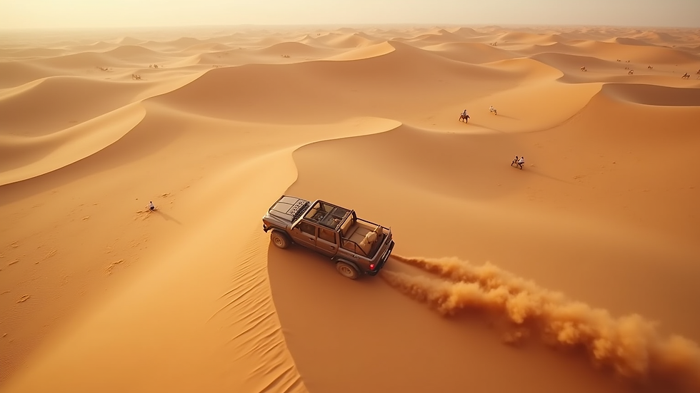High angle view of desert safari jeep driving over sand dunes