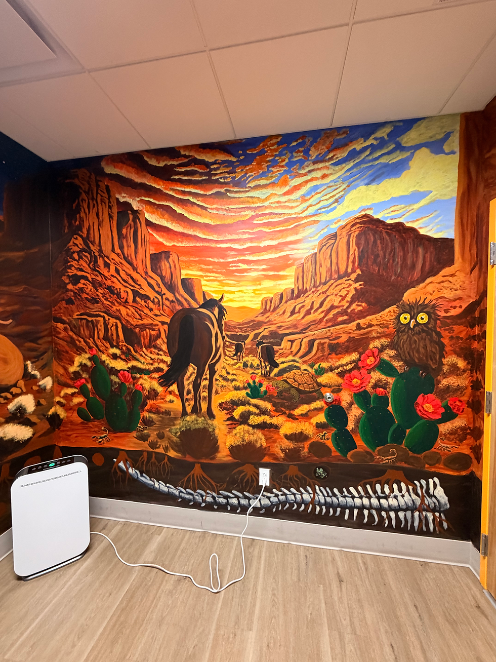 Painted Wall - here, the doctor requested a dinosaur fossil underground instead of the ant colony. He also wanted more horses, as he didn't want the horse in the foreground to feel lonely.