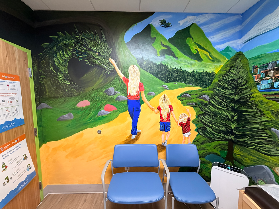 This doctor requested his grandchildren, as seen from behind as though walking along a trail with the oldest petting a dragon in a cave.