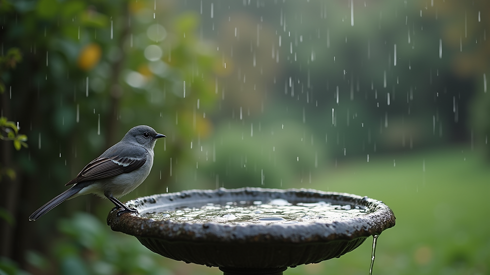Eye-level view of a birdbath filled with rainwater