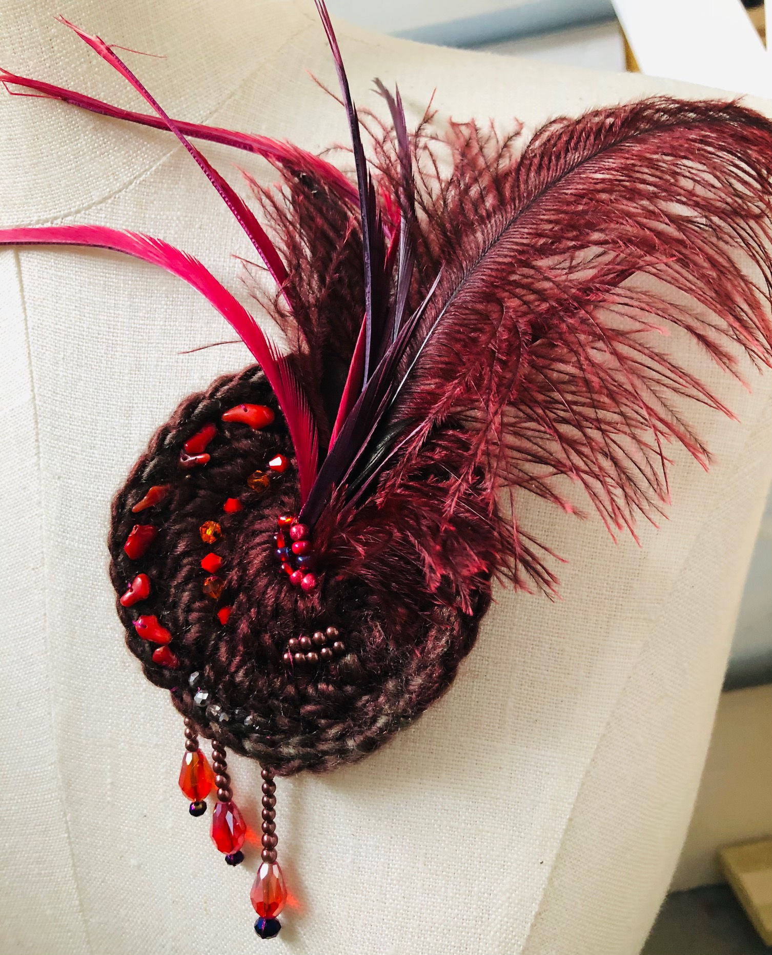 Purple & Feather Yarn Pin/Broach - Hand Made