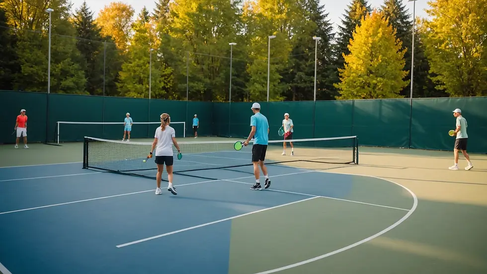 Eye-level view of a pickleball court with players engaging in spirited competition