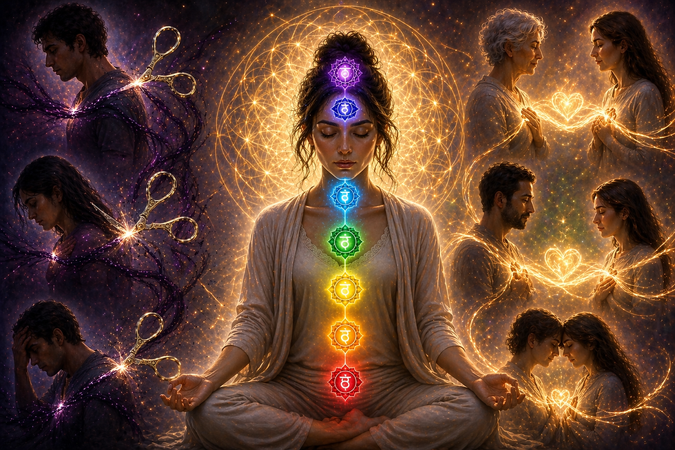 cord cutting vs cord healing energy visualization with chakras and connections