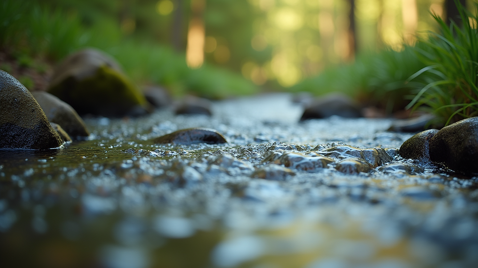 Close-up view of a serene nature scene with a flowing stream