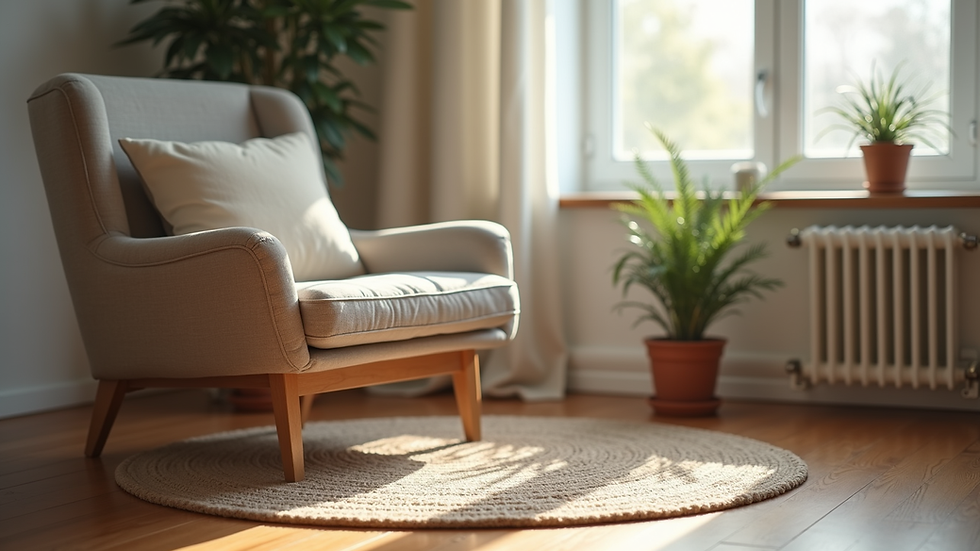 Eye-level view of a cozy living room with a comfortable chair and a small plant