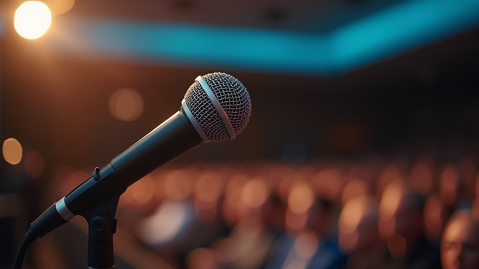 Close-up view of a microphone at a public speaking event on mental health