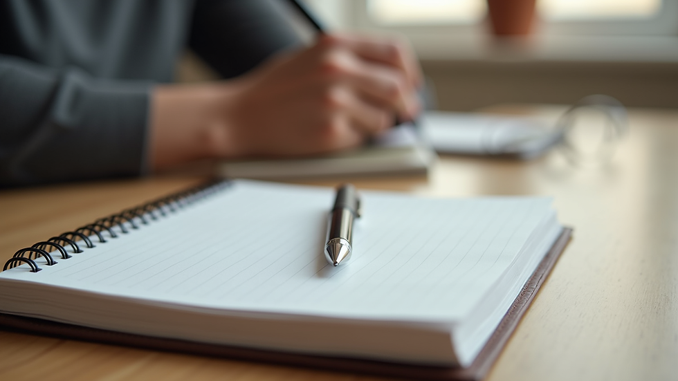 Close-up view of a journal and pen on a wooden desk, symbolizing self-reflection and mental health care