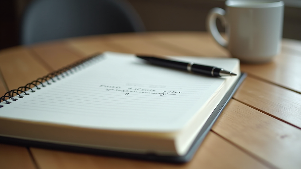 Close-up view of a notebook with handwritten notes and a pen on a wooden table