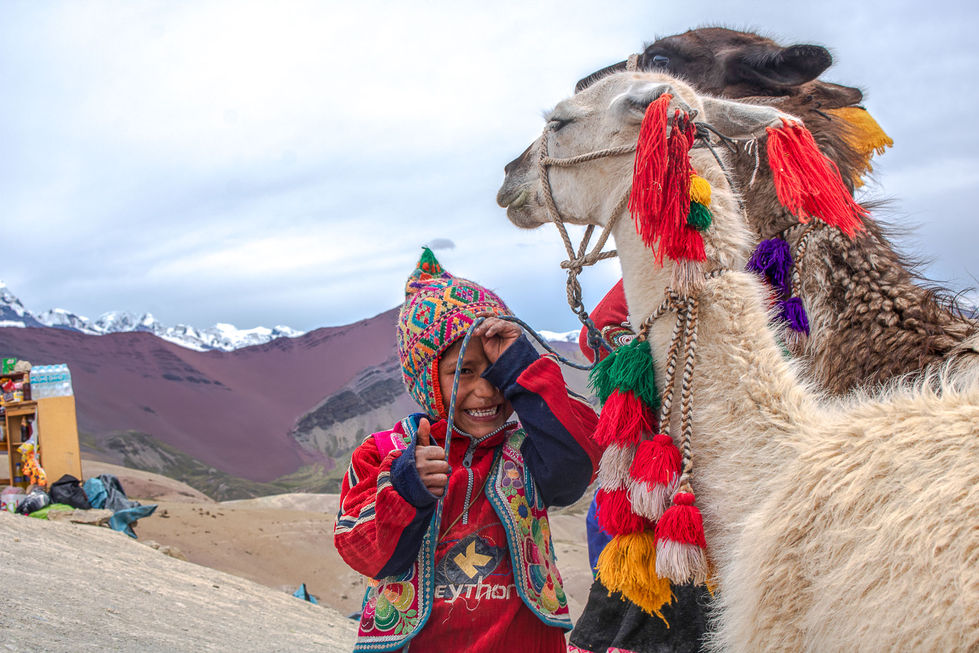 The photo is a boy with an alpaca on the top of rainbow mountain in Peru. Near cuzco