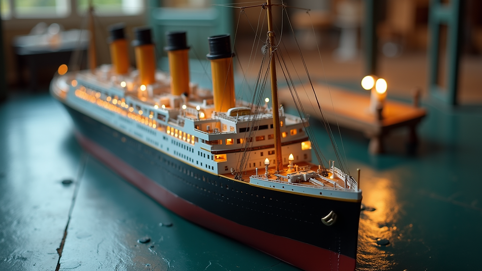 High angle view of a historic ship model representing the Titanic