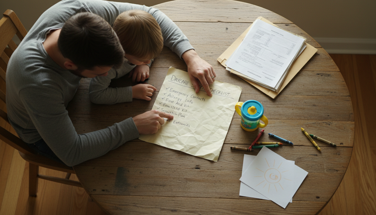 Overhead view of a family reviewing a daycare checklist at a kitchen table