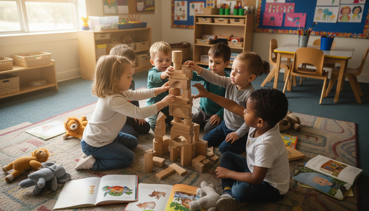 Overhead view of children building with wooden blocks on a classroom rug.