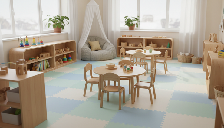 Eye-level view of a cheerful daycare classroom with soft mats and organized toys