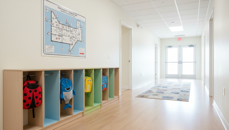 Wide-angle view of a daycare hallway with clear exit signs and child-height cubbies