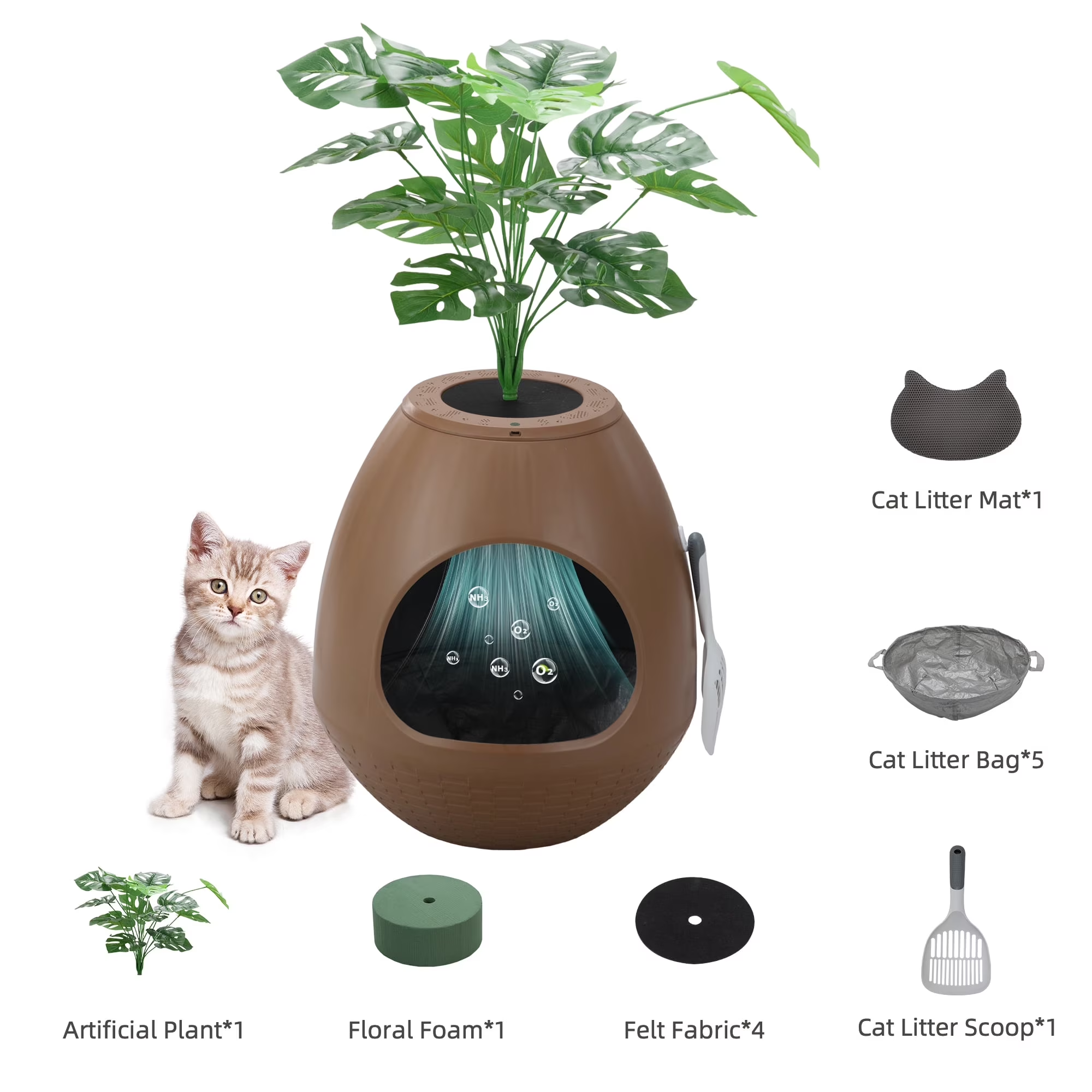 Large Smart Plant Litter Box with Deodorization System, Artificial Plants,5 Cat