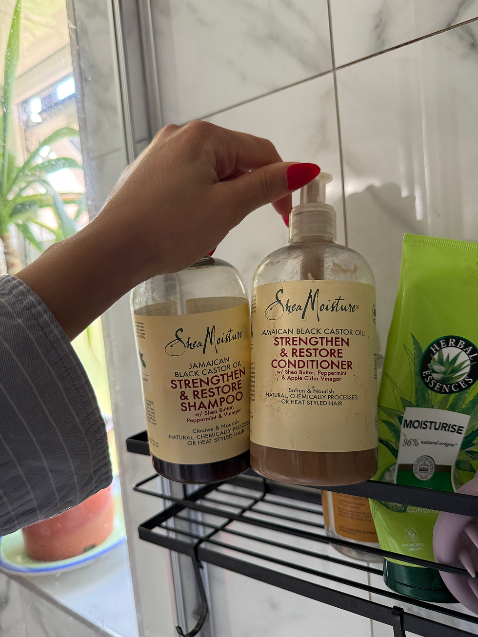 After some TikTok research, I could finally put a name to it - I have high porosity hair. This is when the hair cuticle has gaps, meaning that moisture escapes easily (hence the frazzled hair). To help put some moisture back into the cuticle, I’m using the Shea Moisture Jamaican Black Castor Oil Strengthen & Restore Shampoo and Conditioner which was recommended to help reduce dryness/ frizziness.