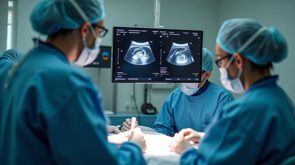 Plano cerrado de equipo médico revisando imágenes de ultrasonido uterino