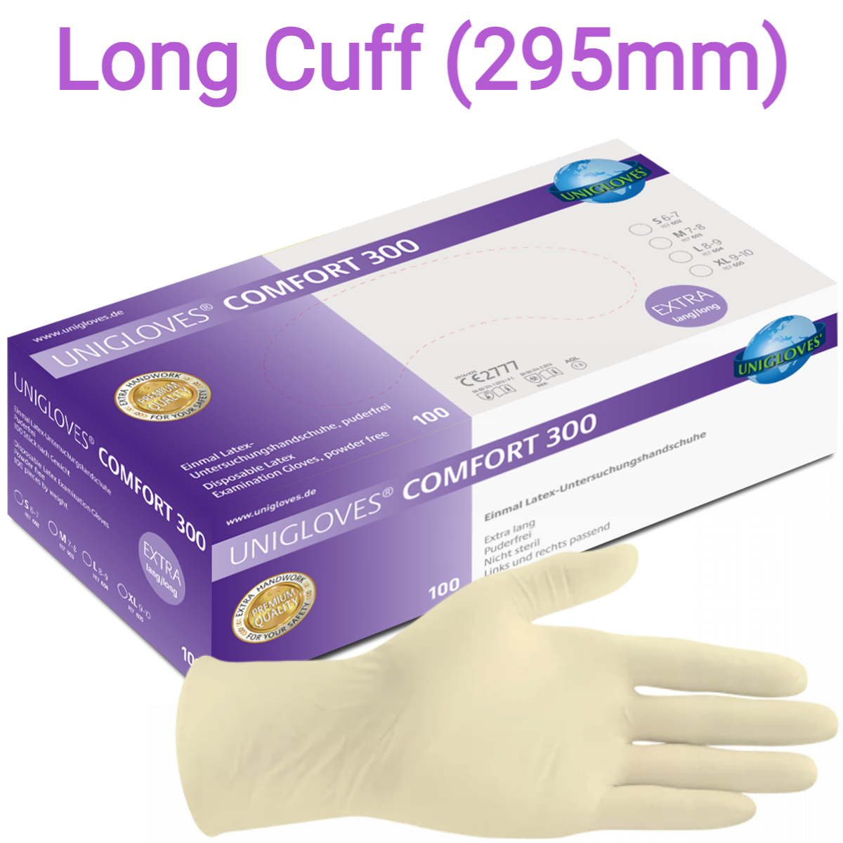 Latex Disposable Gloves, powder free, long cuff (295mm), Beaded Cuff