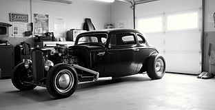 black and white photo of a hot rod car in a garage.jpg