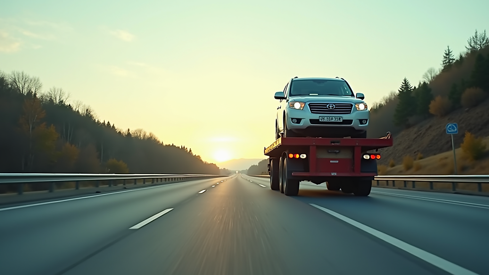 Eye-level view of a flatbed truck carrying a car on a highway
