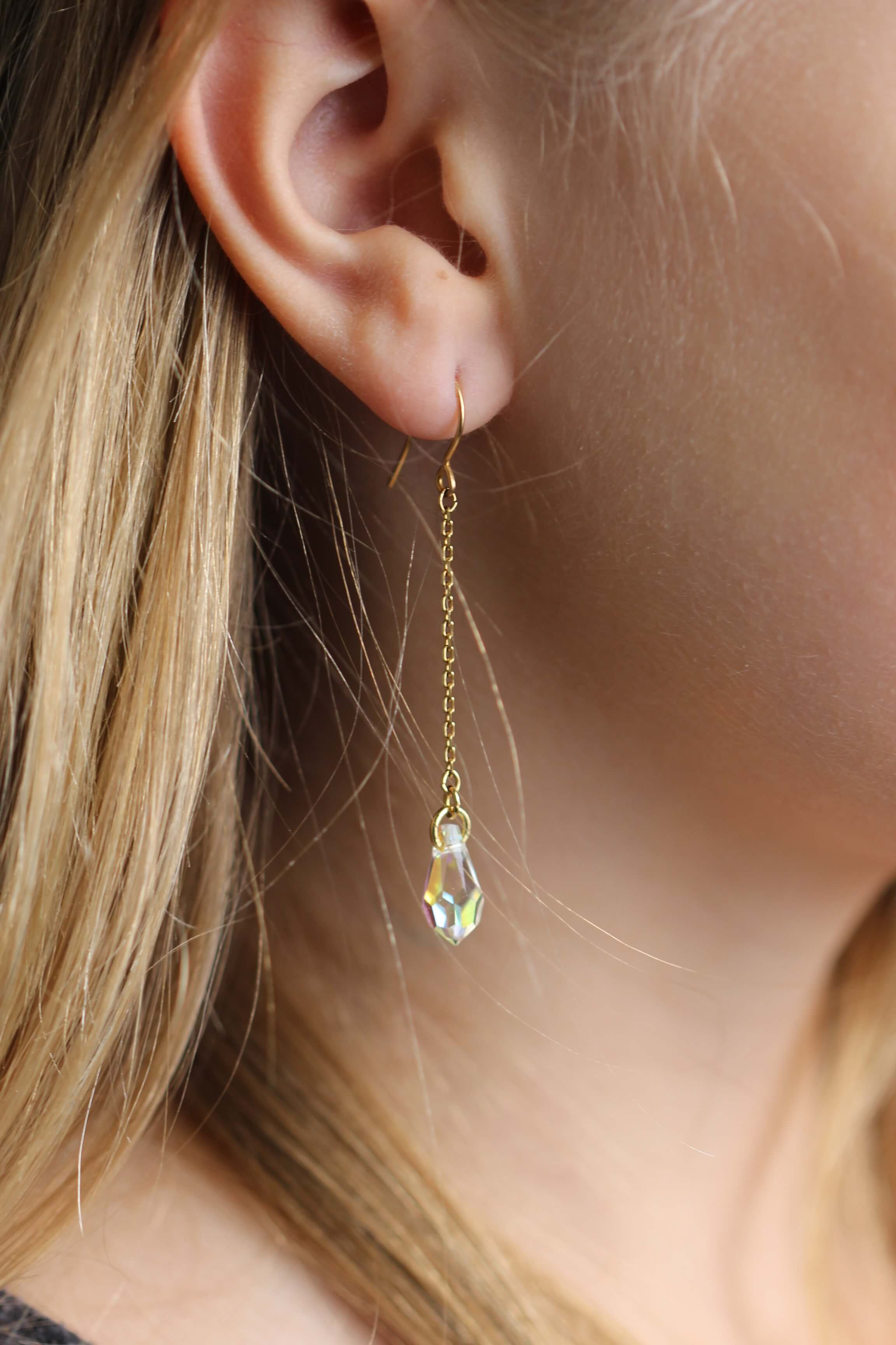 elegant gold jewelry long Swarovski tear drop earrings, silver and gold-vermeil present for her.