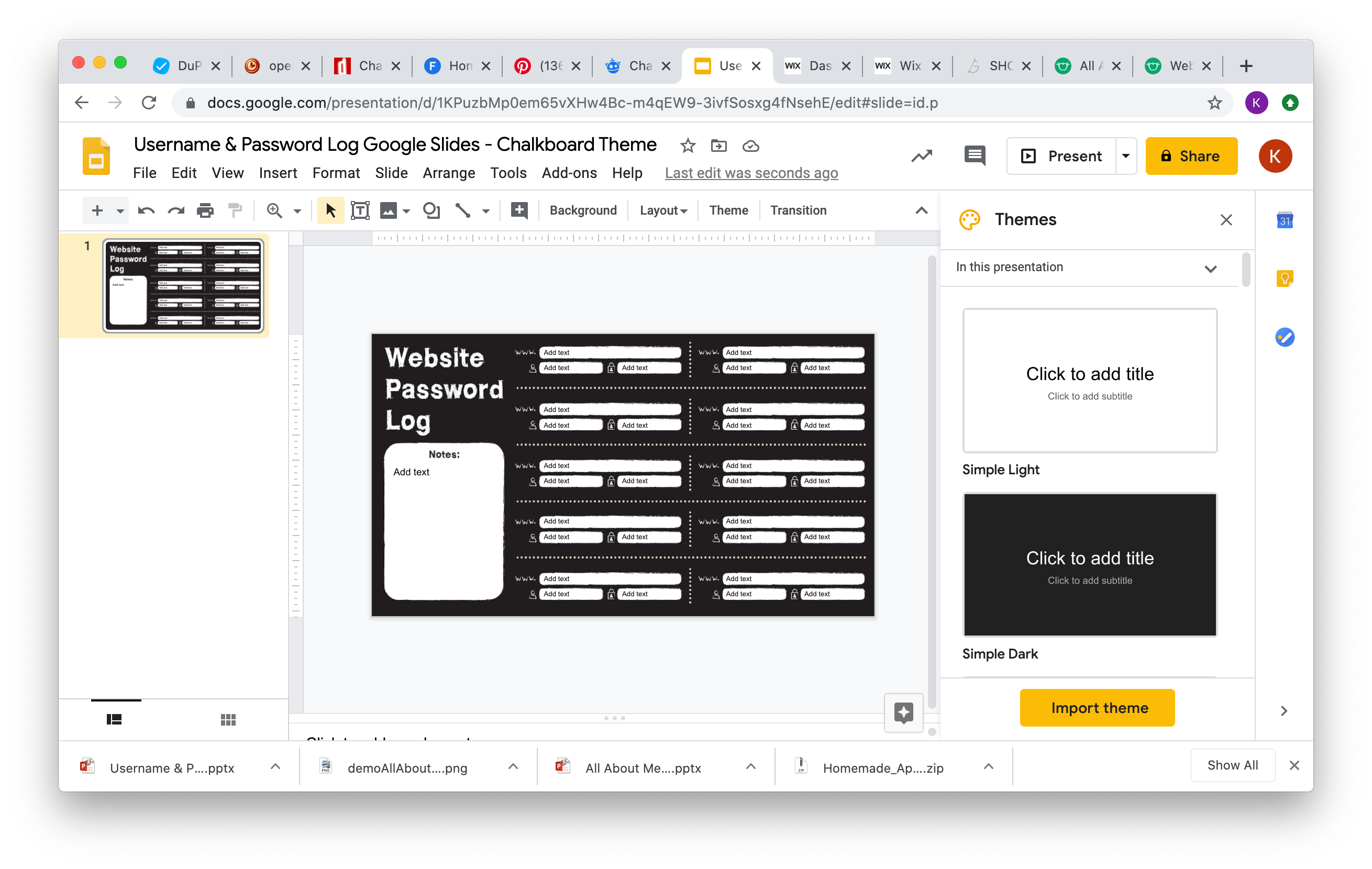 Username & Password Log Google Slides - Chalkboard Theme