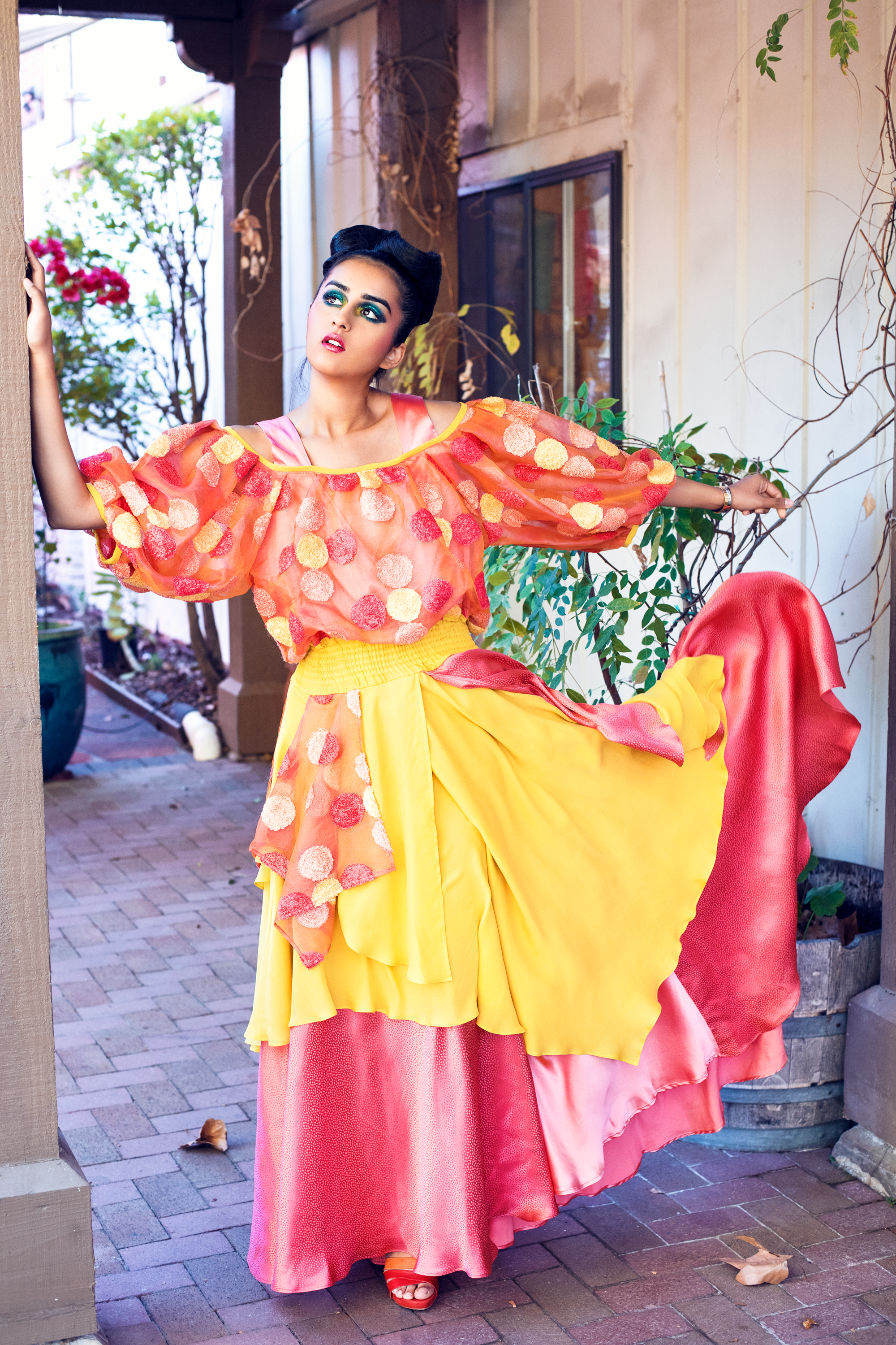 Coral-Lemon Polka Dot Embroidered Silk Organza Dress