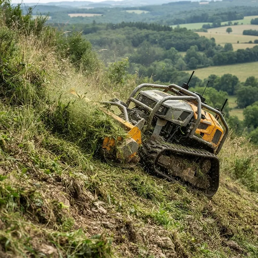 Outdoor commercial photography of a yellow remote-controlled tracked mower cutting grass on a steep, grassy hillside. The scene highlights the technology's capability to navigate challenging terrain with a scenic rural background.
