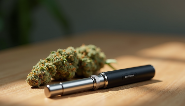 Eye-level view of a vape pen and cannabis flower on a table