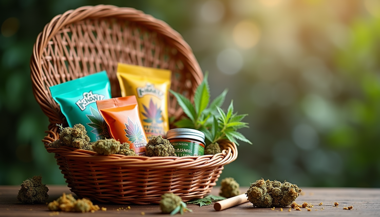Eye-level view of a colorful cannabis-themed gift basket with snacks and accessories