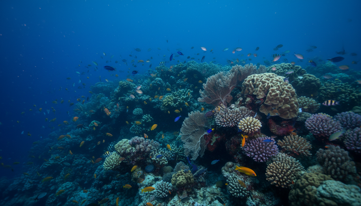 Wide-angle view of a coral reef at twilight with small fish disappearing into shelter.