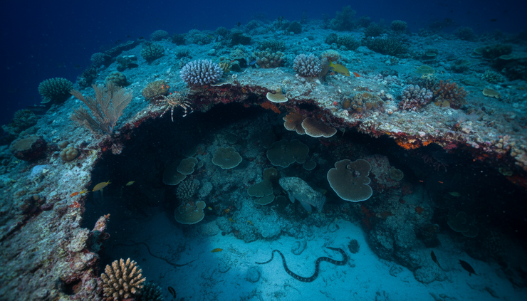 Overhead view of a reef camera scene showing coral ledges and shadowed hiding places at night.