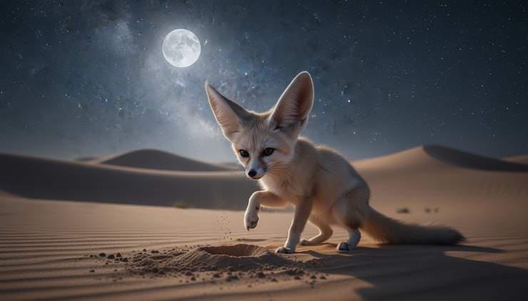 Eye-level view of a fennec fox hunting at night under a clear desert sky.