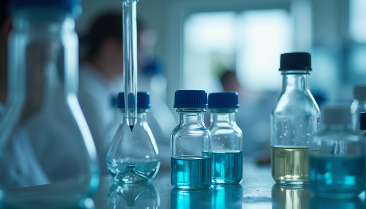 Eye-level view of a laboratory setup with peptide synthesis equipment