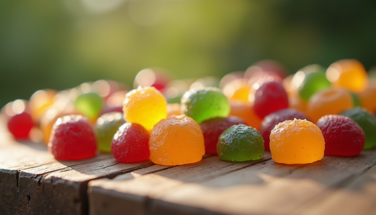 Close-up view of cannabis gummies arranged on a wooden surface