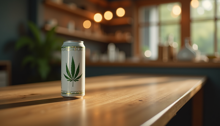 Eye-level view of a chilled THC beverage can on a wooden table with soft lighting
