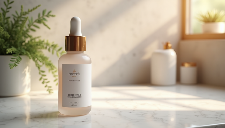 Eye-level view of a skincare product bottle labeled with copper peptide, placed on a marble countertop