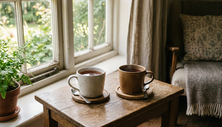 Eye-level view of two mugs of tea on a small wooden table.