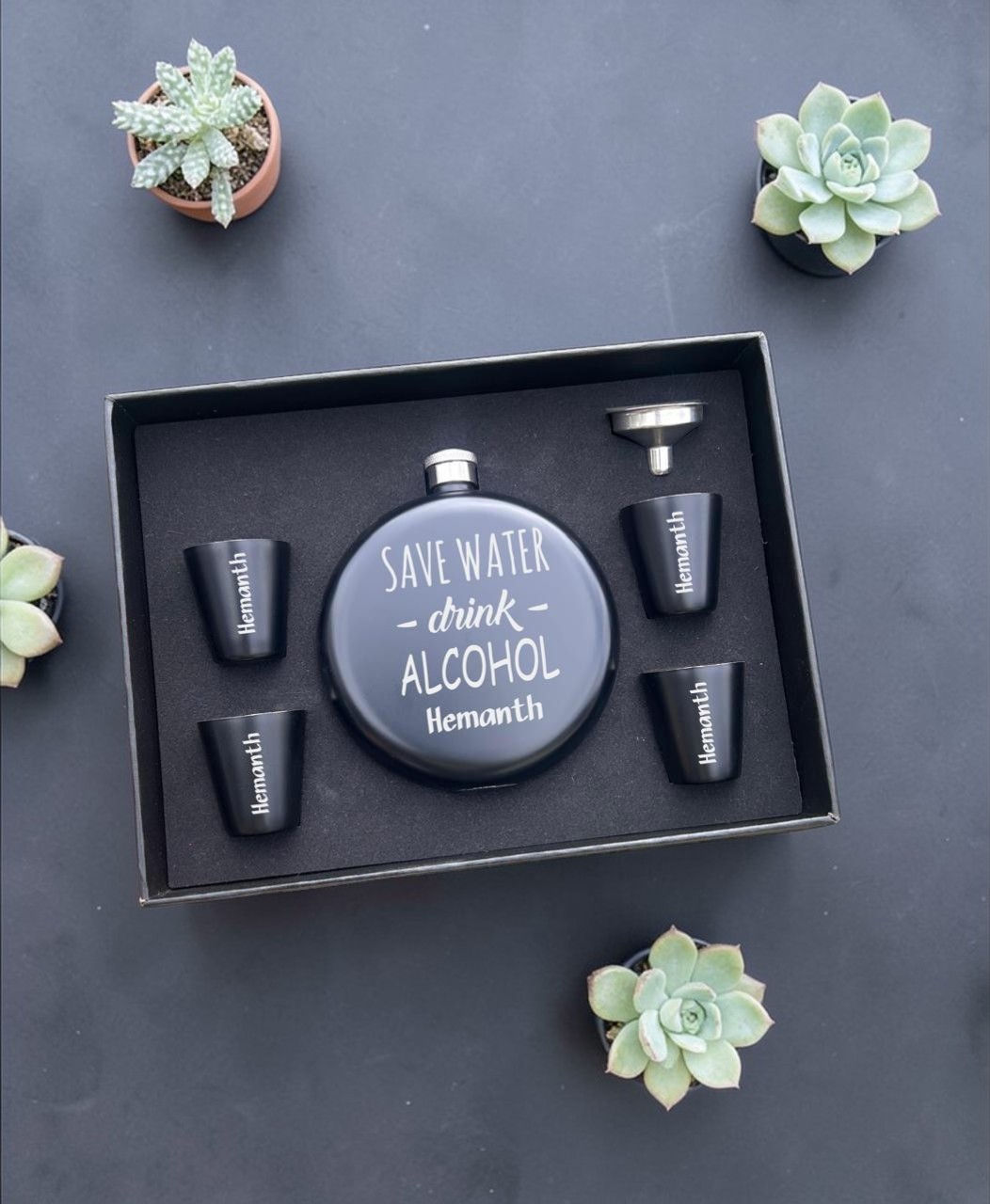 Customised Round Hip Flask Gift Set with 4 Shot Glasses & Funnel