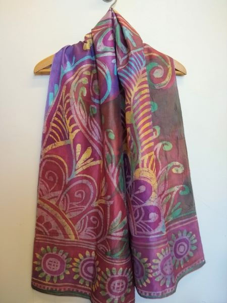 Purple Green Yellow Sun Paisley Batik Silk Scarf