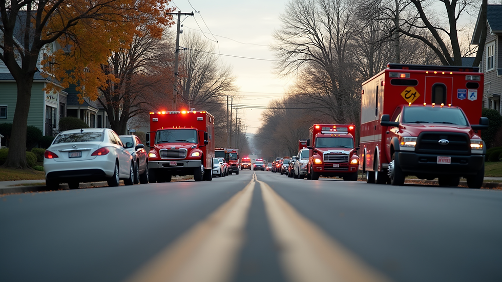 Eye-level view of a neighborhood street with emergency vehicles parked