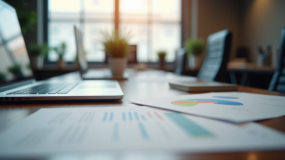 Eye-level view of a modern office desk with branding materials laid out