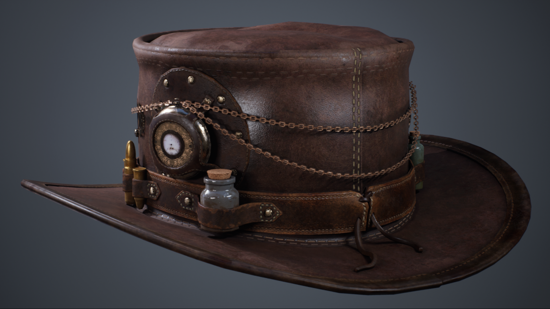 This image shows a Stem Punk themed leather hat, modelled in 3D by Glenda Studio 3D art outsourcing- prop and artifact design department, Vietnam