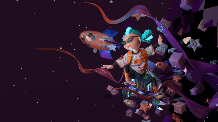 This shows a stylized 3D character of a space boy riding a skate board in space surrounded by cartoon style rockets. This was created by the talented 3D character artists of Glenda Studio, Vietnam