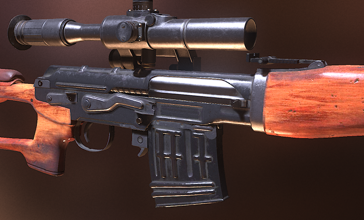 This image is showing the incredible detail and realism of this version of the Russian SVD-63 Sniper Rifle Dragunov . This version was modelled by Glenda Studio, a 3D Weapons Design Studio located in Ho Chi Minh City, Vietnam. Glenda Studio has a large team of elite artists specializing in all types of 3D art outsourcing for AAA games, Indie Games and the E-commerce world